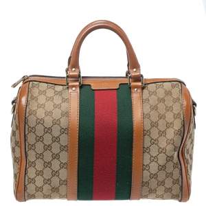 Pre Owned Gucci Brown GG Canvas and Leather Medium Vintage Web Boston Bag