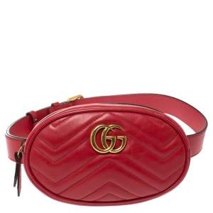 Pre Owned Gucci Red Matelassé Leather GG Marmont Belt Bag