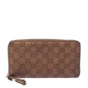 Pre Owned Gucci Tan Guccissima Leather Bamboo Tassel Zip Around Organizer Wallet