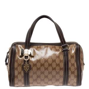Pre Owned Gucci Beige/Brown GG Crystal Canvas and Leather Small Duchessa Boston Bag