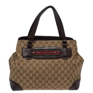 Pre Owned Gucci Beige/Brown GG Canvas and Leather Medium Supreme Web Dressage Tote