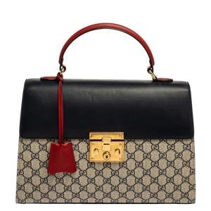 مملوكة مسبقًا حقيبة غوتشي يد علوية قفل متوسطة جلد و كانفاس جي جي سوبريم ثلاثي اللون