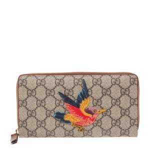 Pre Owned Gucci Beige GG Supreme Coated Canvas Bird Zip Around Wallet