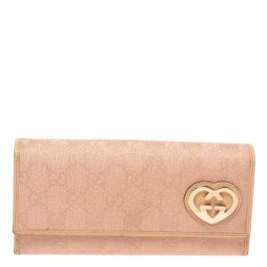 Gucci Beige/Pink Shimmer GG Canvas Lovely Heart Continental Wallet