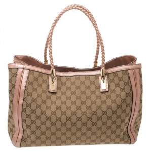 Pre Owned Gucci Beige/Peach GG Canvas and Leather Bella Tote