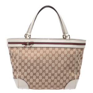 Pre Owned Gucci Beige/Cream GG Canvas and Leather Mayfair Web Tote 