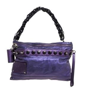 Gucci Metallic Purple Leather Metal Studs Chain Clutch
