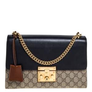 Pre Owned Gucci Beige/Black GG Supreme Canvas and Leather Medium Padlock Shoulder Bag