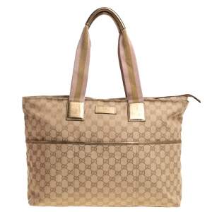 Pre Owned Gucci Beige/Gold GG Canvas and Leather Diaper Tote