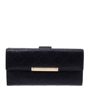 Pre Owned Gucci Black Guccissima Leather Flap Continental Wallet