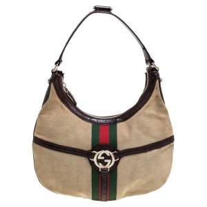 Pre Owned Gucci Beige/Brown Canvas and Leather Web Reins Hobo
