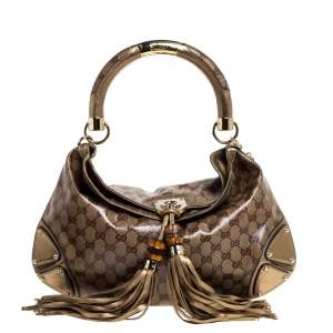 مملوكة مسبقًا حقيبة غوتشي  بابوسكا اندي هوبو متوسطة جلد وكانفاس جي جي  كريستال ذهبية/ بيج 