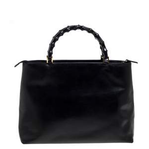 Pre Owned Gucci Black Leather Vintage Bamboo Tote