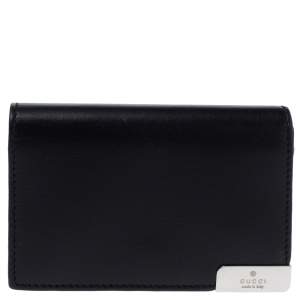Pre Owned Gucci Black Leather Logo Plague Flap Card Holder