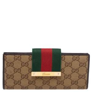 Pre Owned Gucci Brown/Beige GG Canvas and Leather Web Continental Wallet