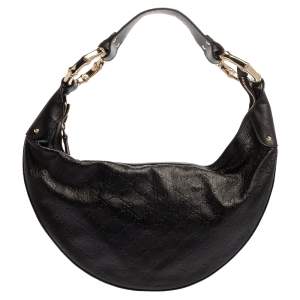 مملوكة مسبقًا Gucci Black Guccissima Leather Bamboo Ring Hobo