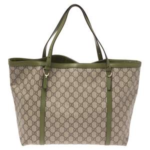 Pre Owned Gucci Green/Beige GG Supreme Canvas and Leather Medium Nice Tote