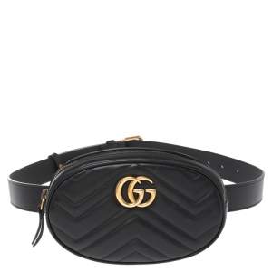 Pre Owned Gucci Black Matelassé Leather GG Marmont Belt Bag