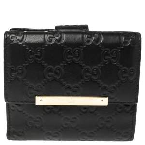 Pre Owned Gucci Black Guccissima Leather French Flap Wallet