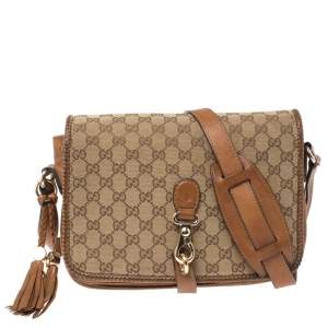Pre Owned Gucci Beige/Brown GG Canvas and Leather Medium Marrakech Tassel Messenger Bag