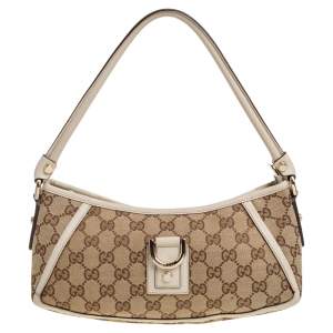 Pre Owned Gucci Beige GG Canvas and Leather D Ring Pochette Bag