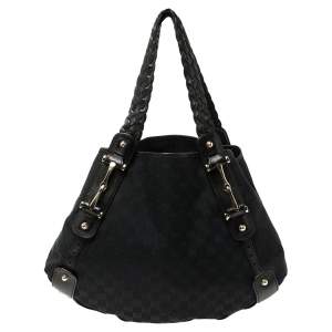 Pre Owned Gucci Black GG Canvas and Leather Medium Horsebit Pelham Shoulder Bag