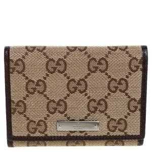 Pre Owned Gucci Beige/Brown GG Canvas and Leather Flap Card Holder