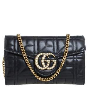 Pre Owned Gucci Black Matelasse Leather Mini GG Marmont Pearly Shoulder Bag