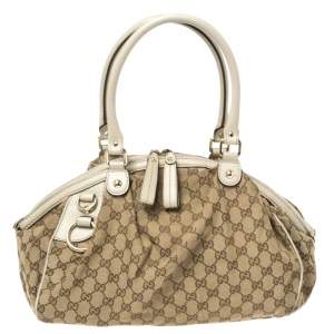 Pre Owned Gucci Beige/Cream GG Canvas and Leather Medium Sukey Hobo