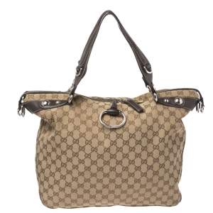 Pre Owned Gucci Beige/Ebony GG Canvas and Leather Large Icon Bit Tote