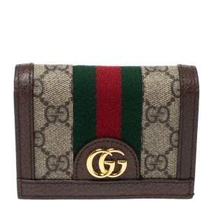 Pre Owned Gucci Beige/Brown GG Supreme Canvas and Leather Ophidia Web Compact Wallet