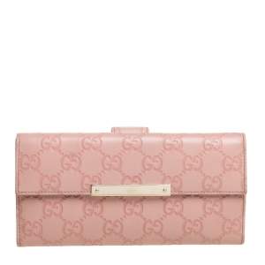 Pre Owned Gucci Light Pink Guccissima Leather Metal Plate Flap Continental Wallet