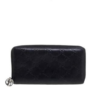 مملوكة مسبقًا Gucci Black Guccissima Leather Zip Around Wallet