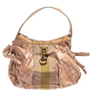 Pre Owned Gucci Blush Pink GG Crystal Canvas Web Stripe Hobo