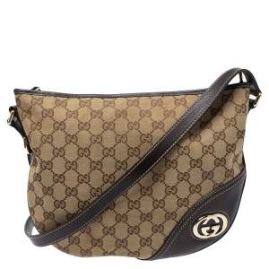Pre Owned Gucci Dark Brown/Beige GG Canvas and Leather Britt Messenger Bag