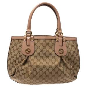 Pre Owned Gucci Beige/Blush Pink GG Canvas and Leather Small Interlocking G Scarlett Tote