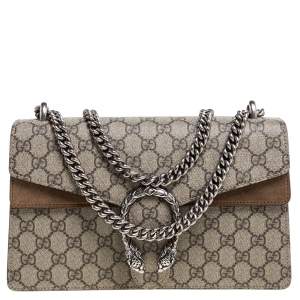 Pre Owned حقيبة كتف غوتشي ديونيسوس صغيرة سويدي وكانفاس سوبريم جي جي بنية / بيج