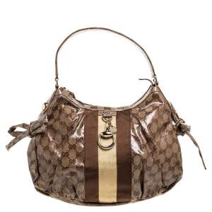 مملوكة مسبقًا Gucci Brown GG Crystal Canvas Web Stripe Hobo