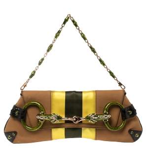 Pre Owned Gucci Multicolor Canvas,Satin and Croc Embossed Leather Limited Edition Tom Ford Snake Horsebit Web Chain Clutch