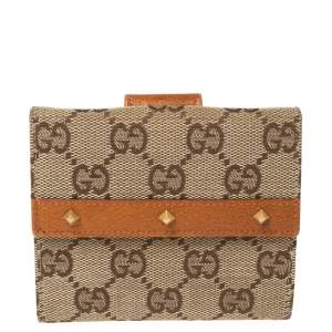 Gucci Beige GG Canvas And Leather French Flap Studded Wallet