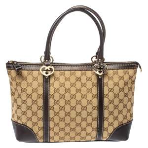 مملوكة مسبقًا Gucci Beige/Brown GG Canvas and Leather Small Lovely Heart Tote