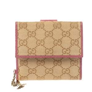 Pre Owned Gucci Beige/Pink GG Canvas and Leather French Flap Wallet