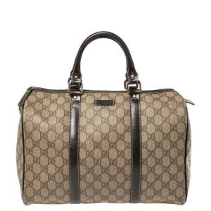 Pre Owned حقيبة غوتشى جوى بوسطن متوسطة جلد لامعة وكانفاس سوبريم جى جى بنية / بيج 