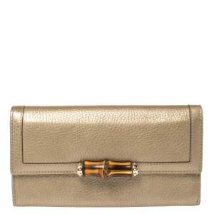 Pre Owned Gucci Metallic Beige Leather Bamboo Continental Wallet