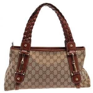 Pre Owned حقيبة يد غوتشي بيلهام جلد وكانفاس جى جى بنية / بيج 