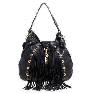 Pre Owned Gucci Black Leather and Suede Babouska Fringe Hobo