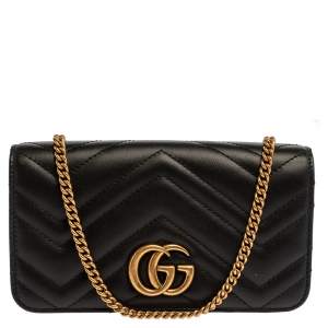 Pre Owned Gucci Black Leather Mini Marmont Chain Bag