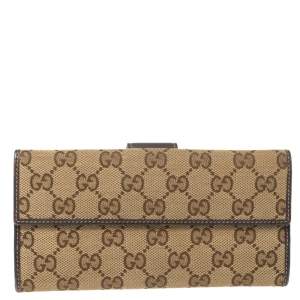 Pre Owned Gucci Brown/Beige GG Canvas and Leather Continental Wallet
