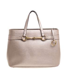 Pre Owned Gucci Metallic Beige Leather Medium Bright Bit Tote