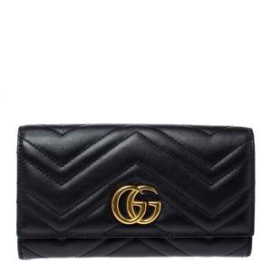Pre Owned Gucci Black Matelasse Leather GG Marmont Continental Wallet